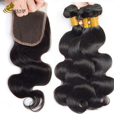 Oem Remy Extensiones de cabello humano Envases de tejido de cuerpo crudo Envases de cabello ondulado con cierre